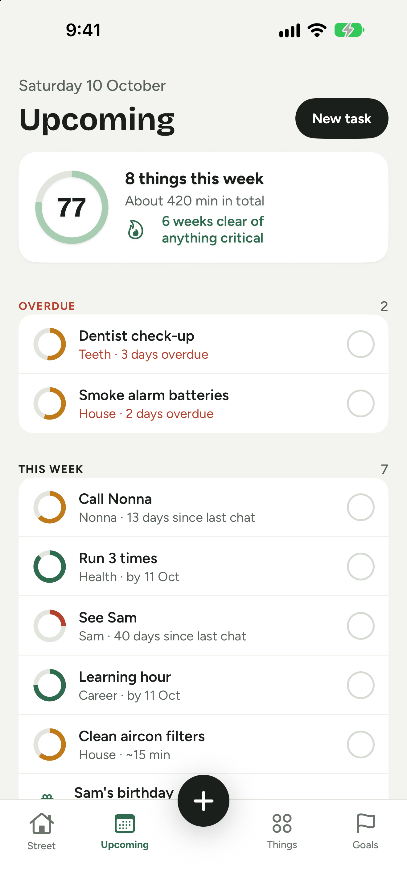 Upcoming screen listing overdue and this week's tasks